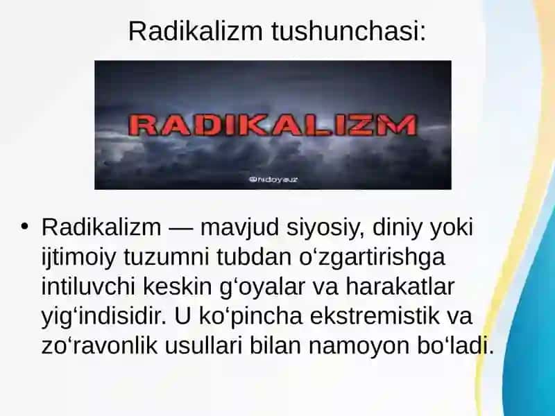 O'zbekiston Davlat siyosatida radikal oqimlarga qarshi kurashish yo'nalishlari 4