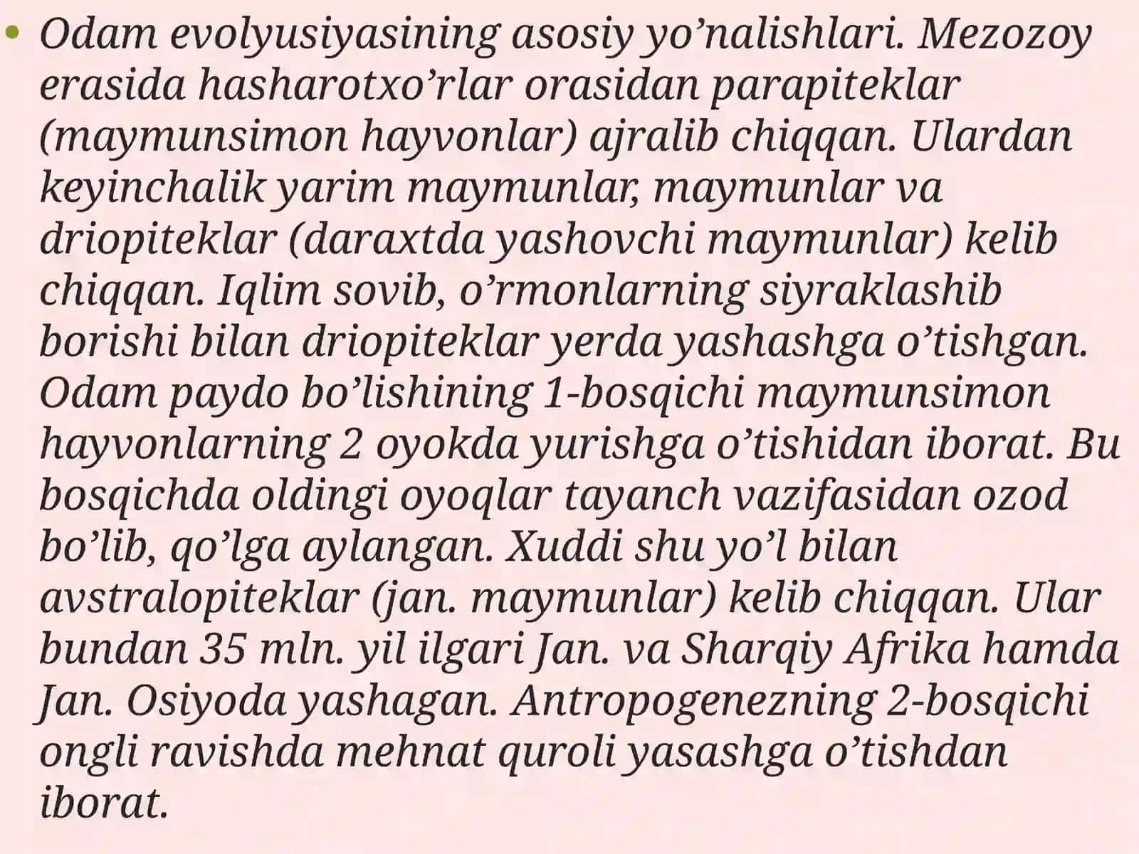 Insonevolyutsiyasi va Oldtarixi fanidan tayyorlagan taqdimoti 4