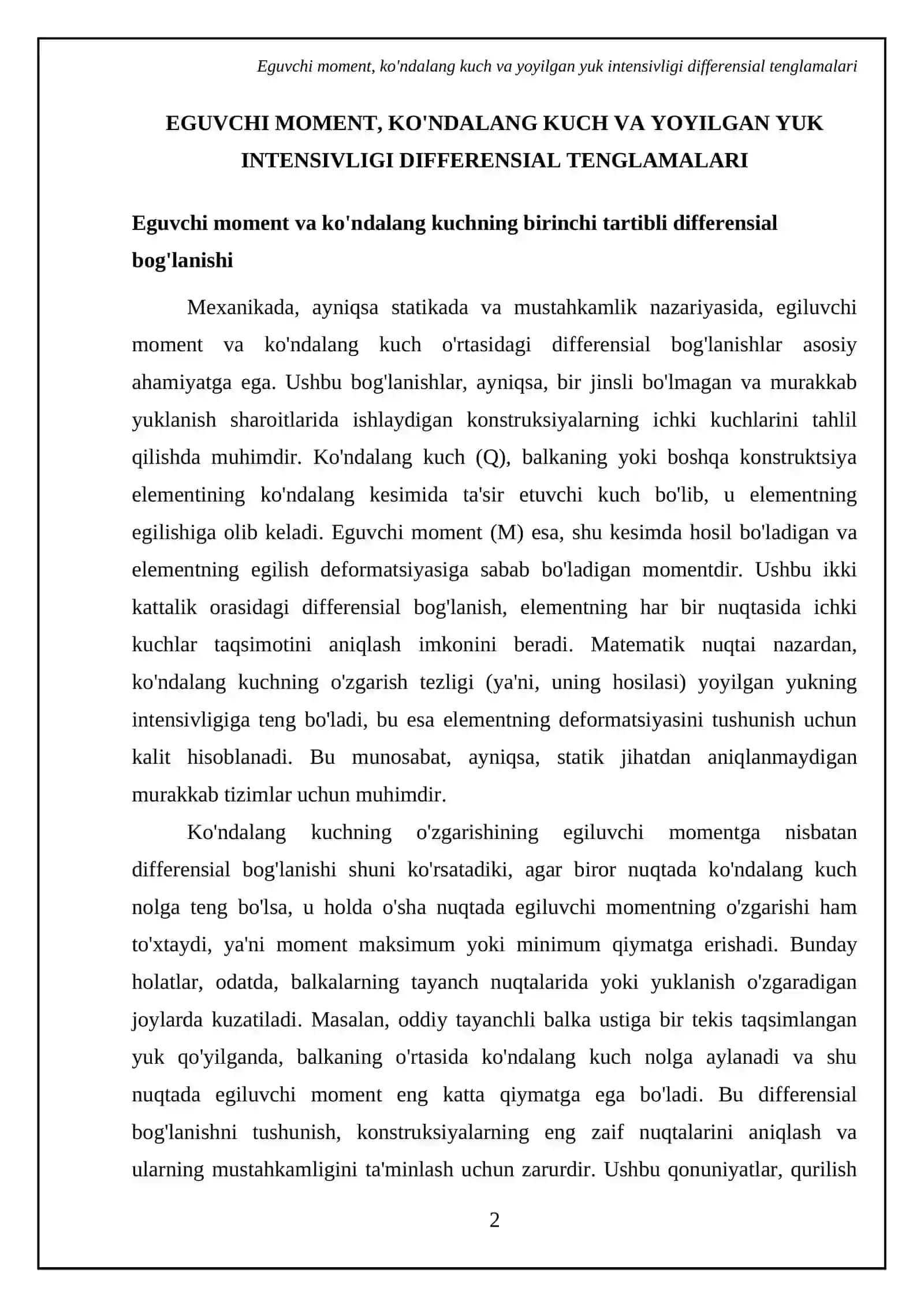 Eguvchi moment, ko'ndalang kuch va yoyilgan kuch intensivligi differensial tenglamalari 4