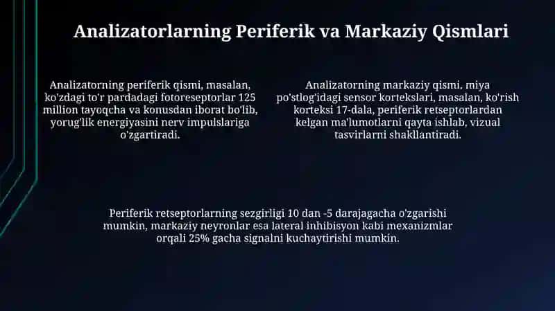Analizatorlar va ularning oliy nerv sistemasi bilan bog'liqligi 4