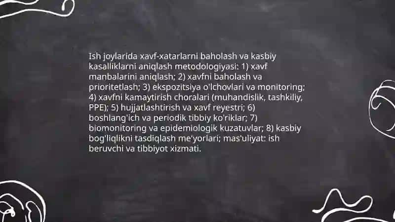 Kasbiy kasalliklarni va ishlab chiqarishdagi jarohatlarni tekshirish, hisobga olish va aniqlash usullari 4