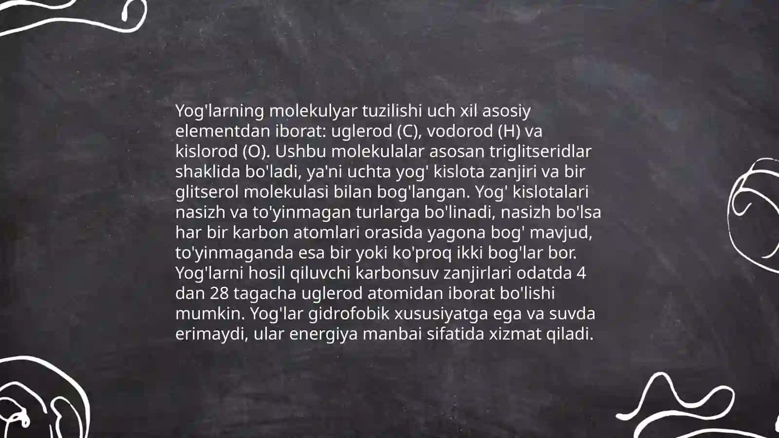 Yog'lar.Kimyoviy tarkibi tuzilishi va funksiyalari, ularning klassifikatsiyasi 4