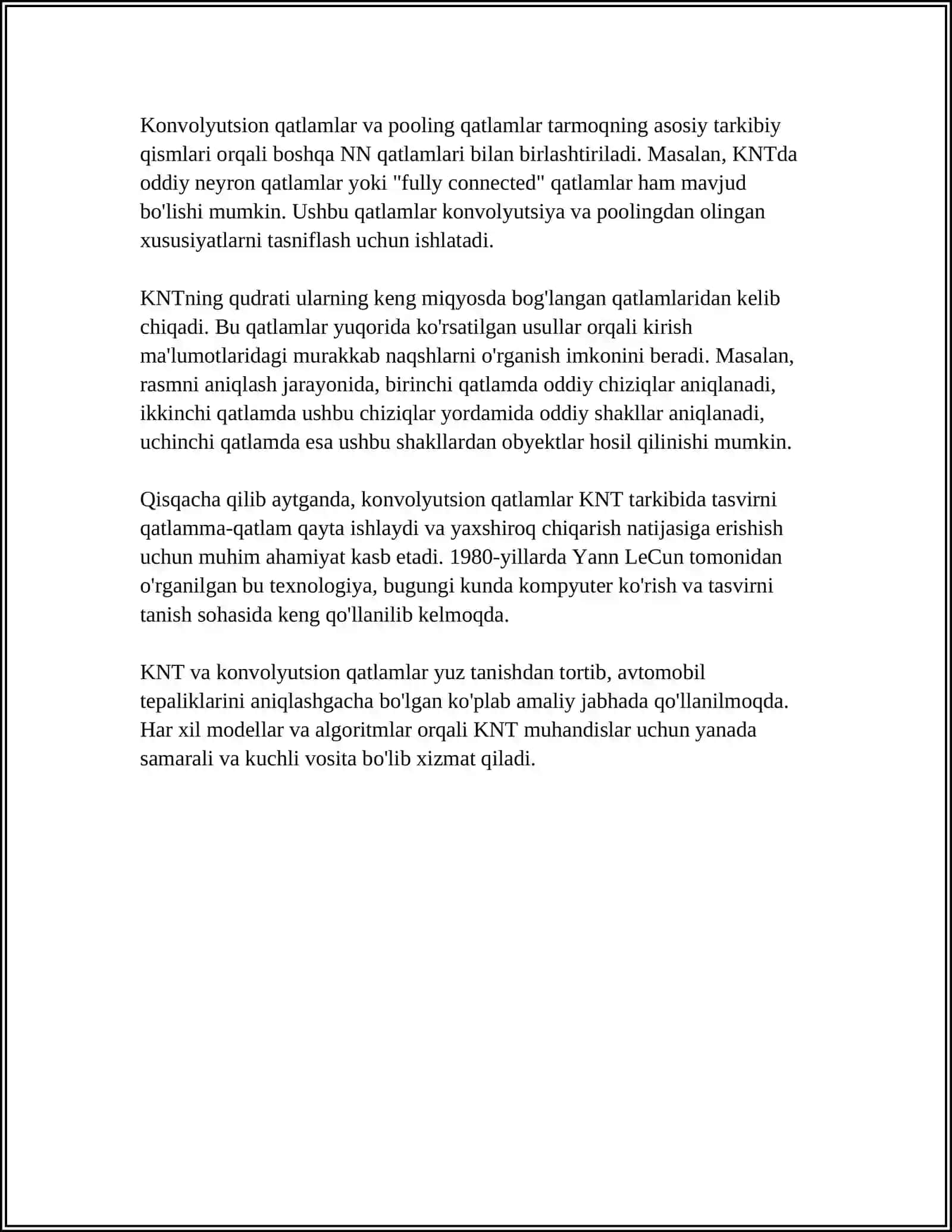 NEYRON TARMOQLARIDA CNN (CONVOLUTIONAL NEURAL NETWORKS) USULIDAN FOYDALANISH 4