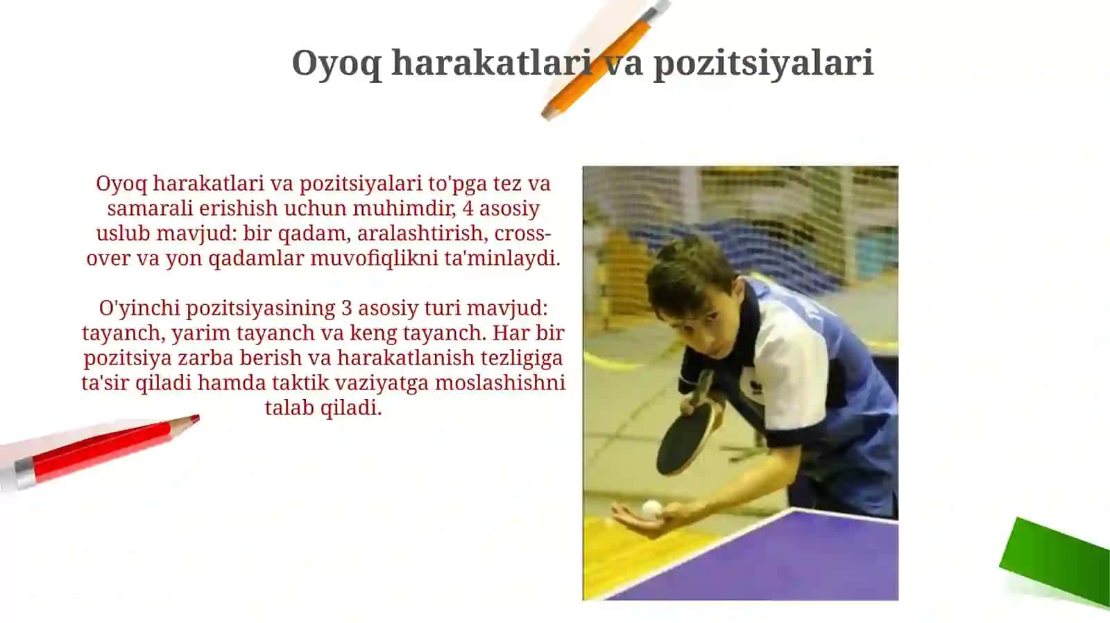 Stol tennisi oʼyinida uchraydigan holat vaharakatlarnio`rgatish 4