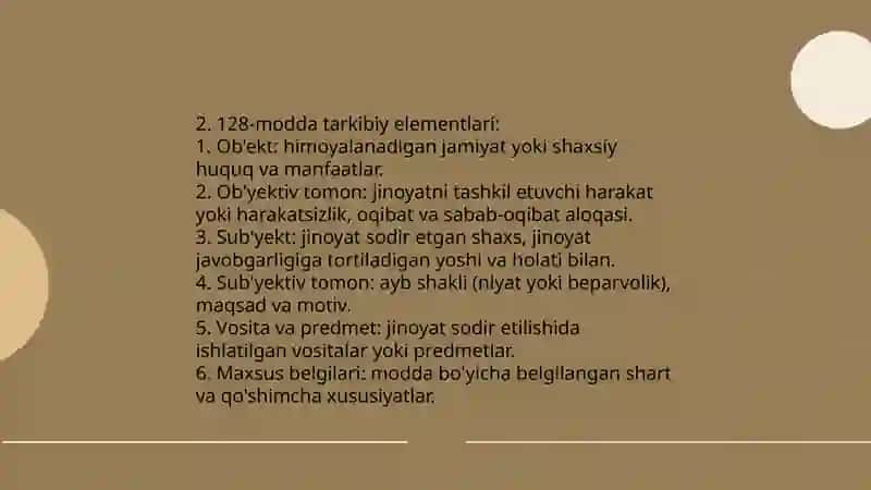 Jinoyat huquqi fanidan 128-modda va 128 prim 1-modda boʻyicha 4