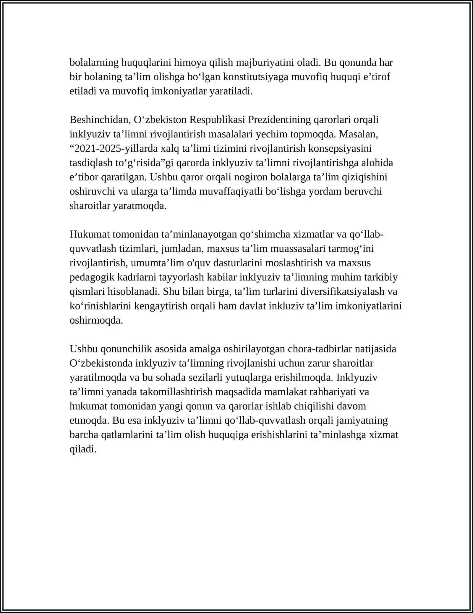 OʻZBEKISTON RESPUBLIKASIDA INKLYUZIV TAʼLIMNING YOʻLGA QOʼYILISH 4
