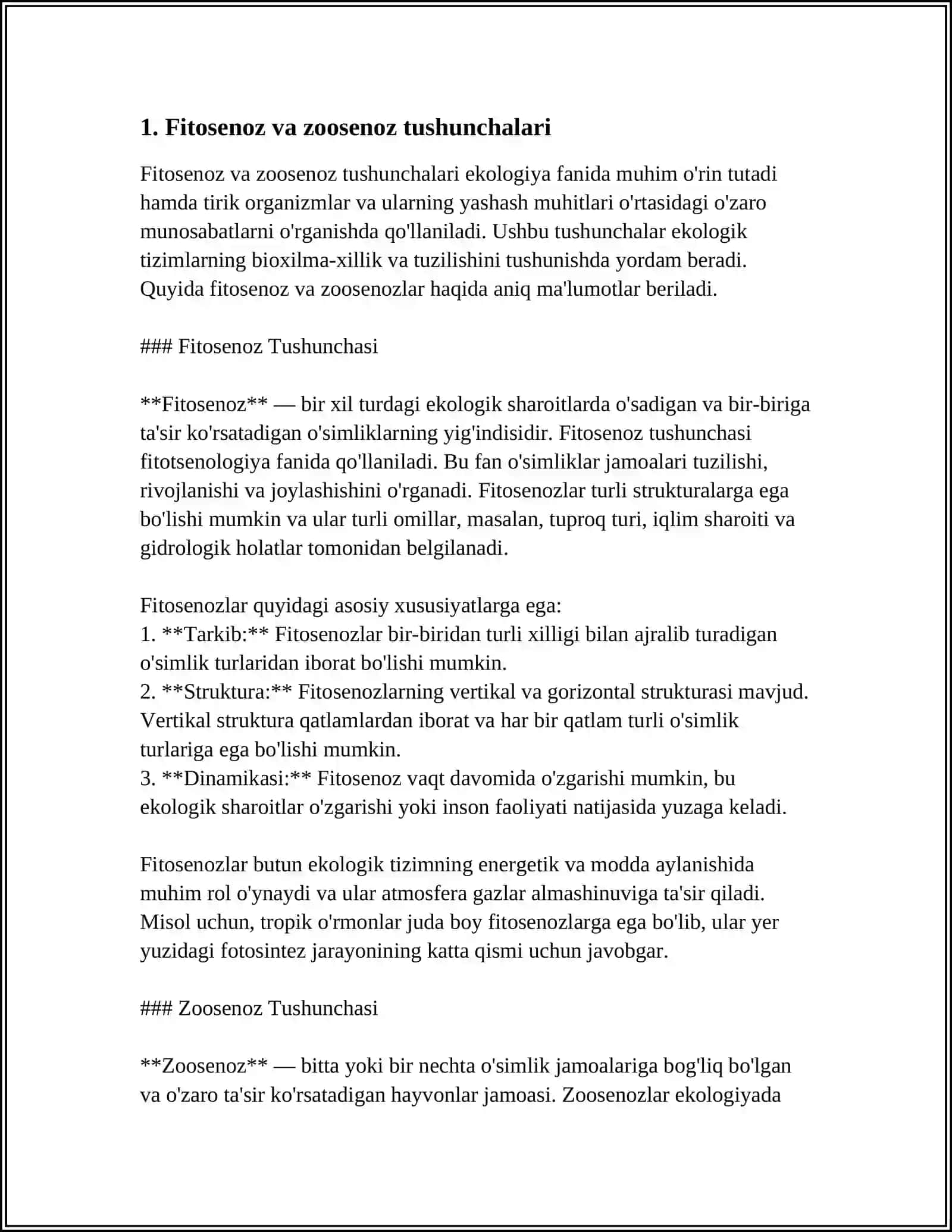 FITOSENOZ VA ZOOSENOZLAR OʻRTASIDAGI MUNOSABATLAR, ULARNING BIOSENOZDAGI OʻRNI 4