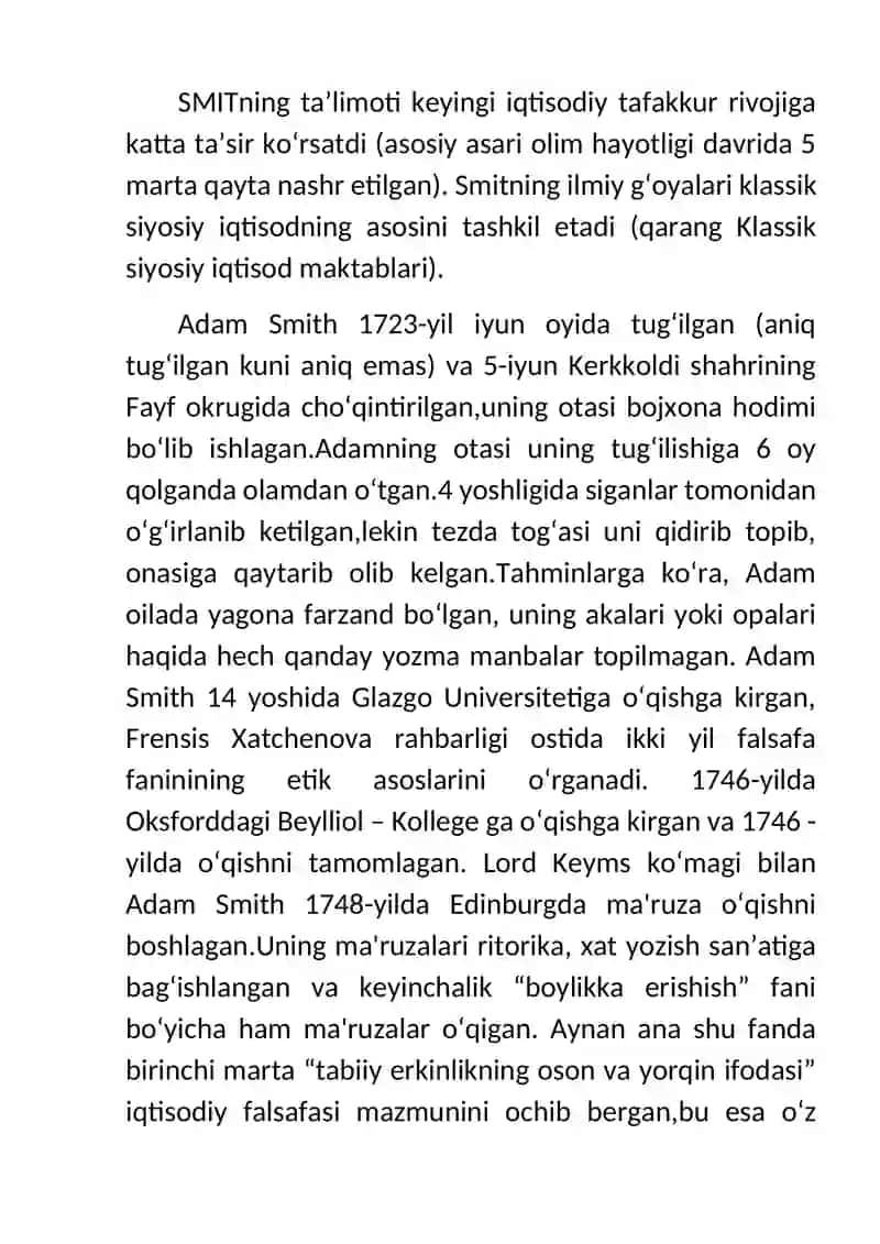 Mustaqil ish Mavzu: A.Smit Klassik iqtisodiy maktab asoschisi 4