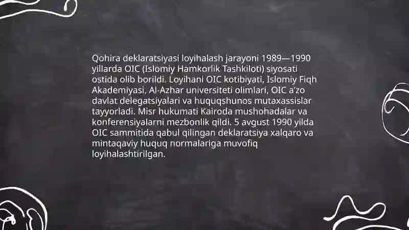 Qohira deklaratsiyasi tarixi va mazmuni borasida tahliliy maqola tayyorlash 4