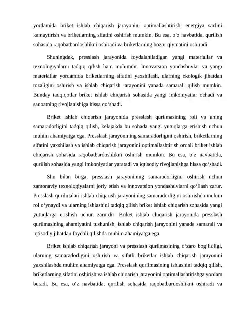 Briket ishlab chiqarish uchun moʻljallangan presslash qurilmasi ishini tadqiq qilish 4