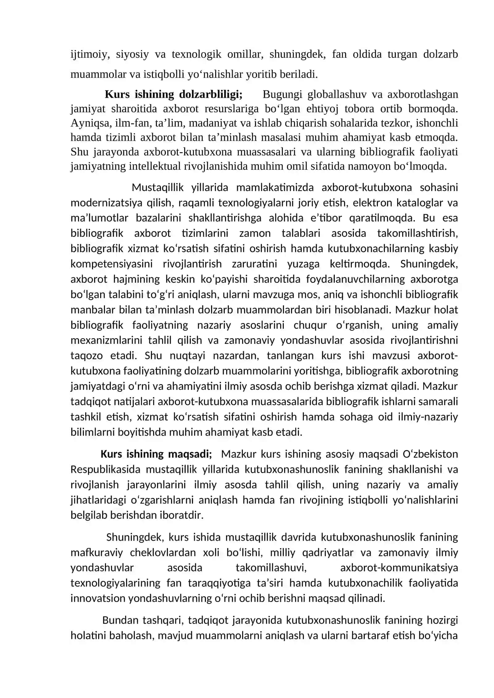 O‘ZBEKISTON RESPUBLIKASI OLIY TA’LIM, FAN VA INNOVATSIYALAR VAZIRLIGI QO‘QON DAVLAT UNIVERSITETI “BOSHLANG‘ICH VA TEXNOLOGIK TA’LIM” FAKULTETI “Texnologik ta’lim va kutubxonashunoslik” kafedrasi “Kutubxona – axborot faoliyati” yo‘nalishi 2-kurs (kunduzgi) talabasi G’ulomova Hayotxon G’ofurjon qizining “Kutubxonashunoslik” fanidan tayyorlagan KURS ISHI 4
