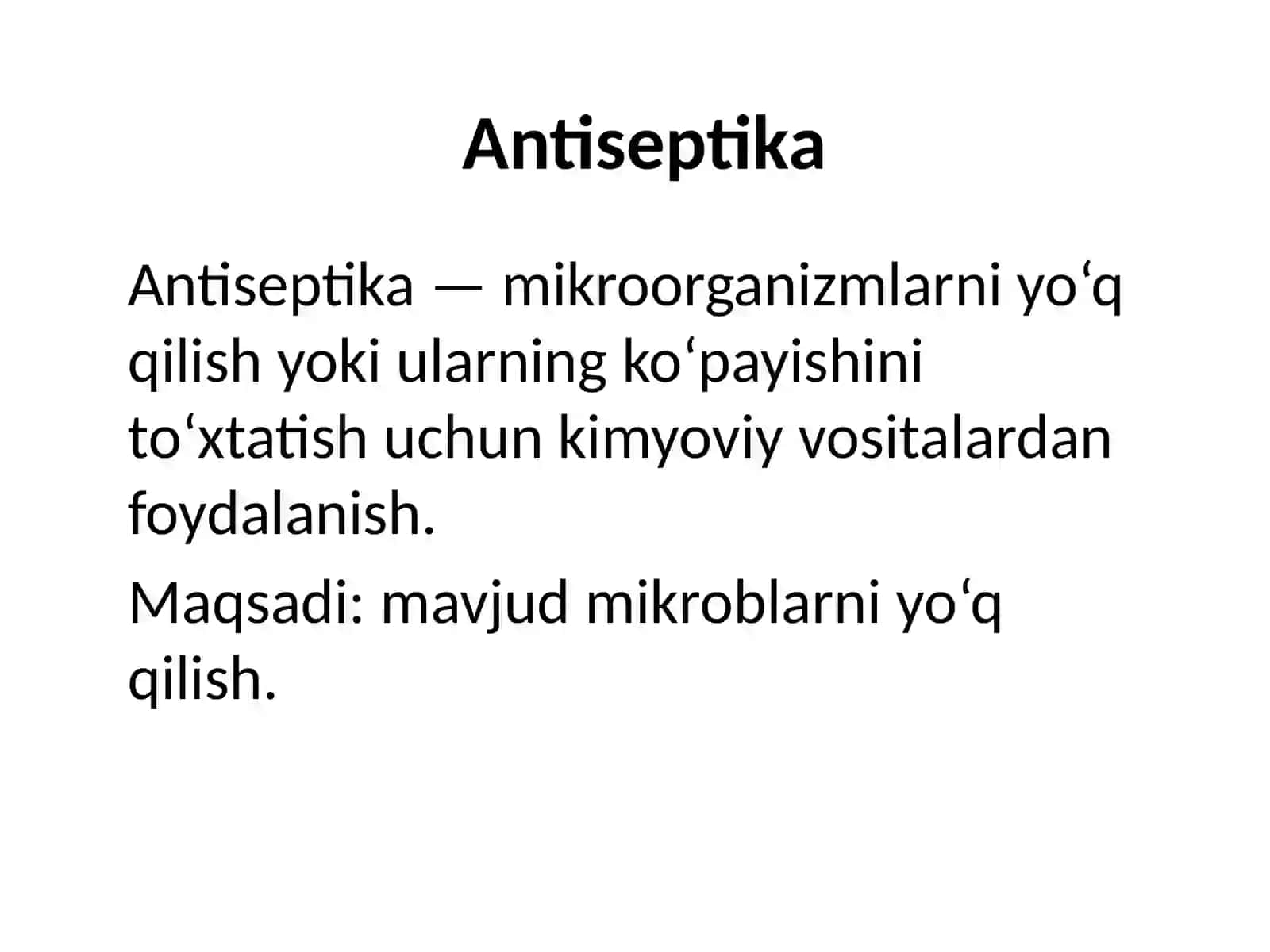 № 14 Aseptika va antiseptika tushunchasi. Operatsion maydoni aseptikasi tushunchasi. Yuqumli kasalligi bor bemorlarda xususan Covid-19 da bemorlarni tekshirish 4