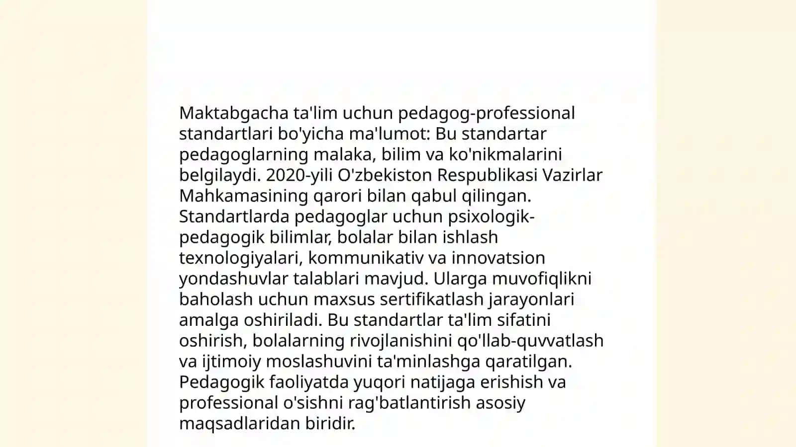 Maktabgacha taʼlim tizimida kadrlarni tayyorlash va sohaga qabul qilishga qoʻyiladigan talablar 4
