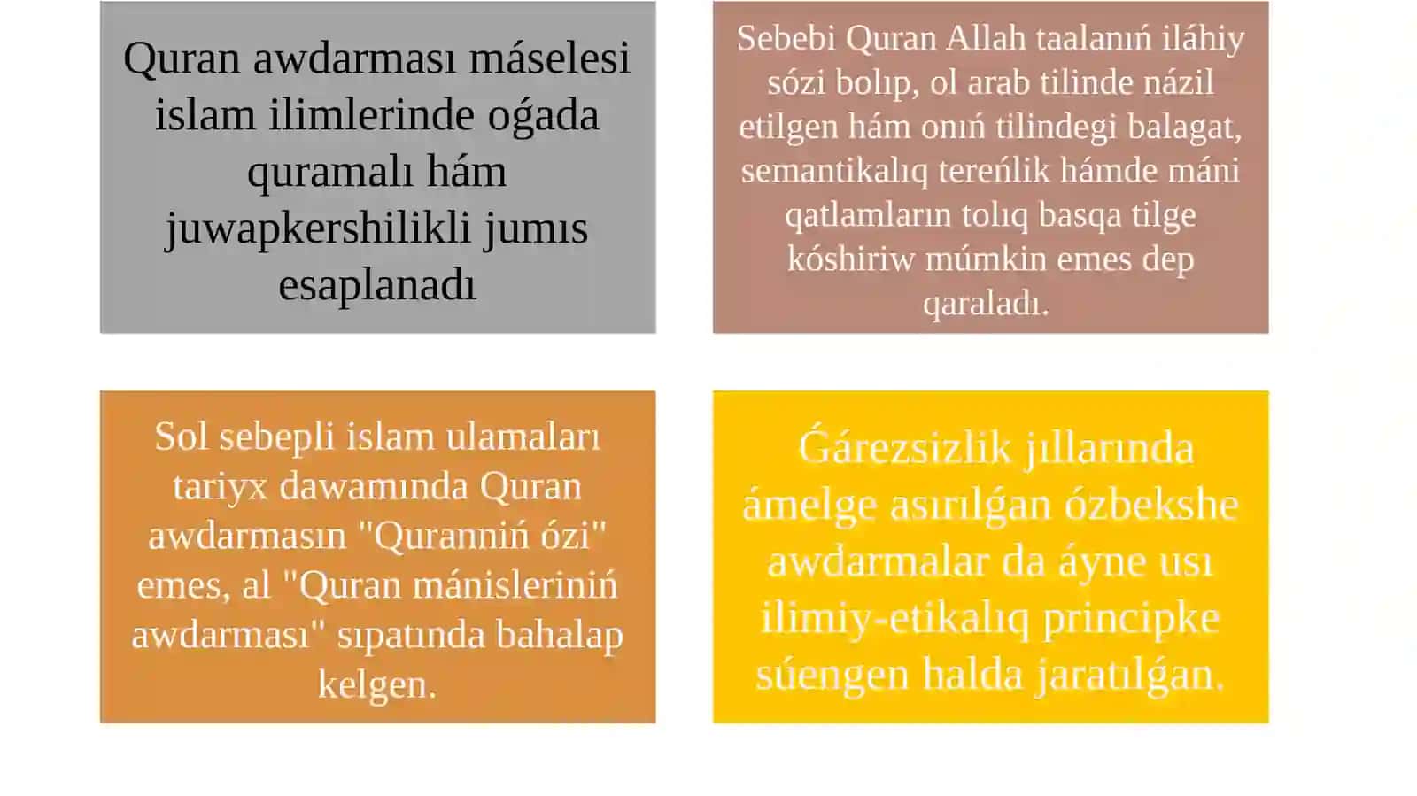 Tema Ǵárezsizlik jıllarında Qurannıń ózbek tiline awdarılıwı hám táfsirleri. 4