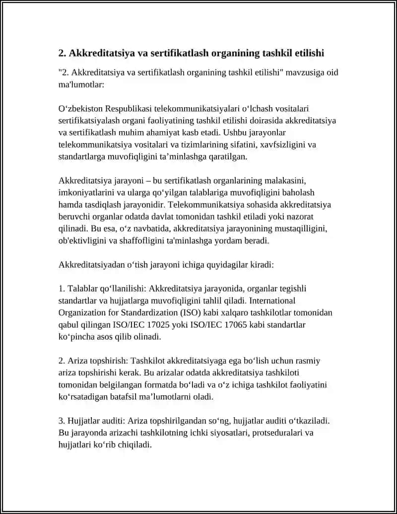 TELEKOMMUNIKATSIYALAR OLCHASH VOSITALARI SERTIFIKATLOVCHI ORGAN FAOLIYATINI ORGANISH 4