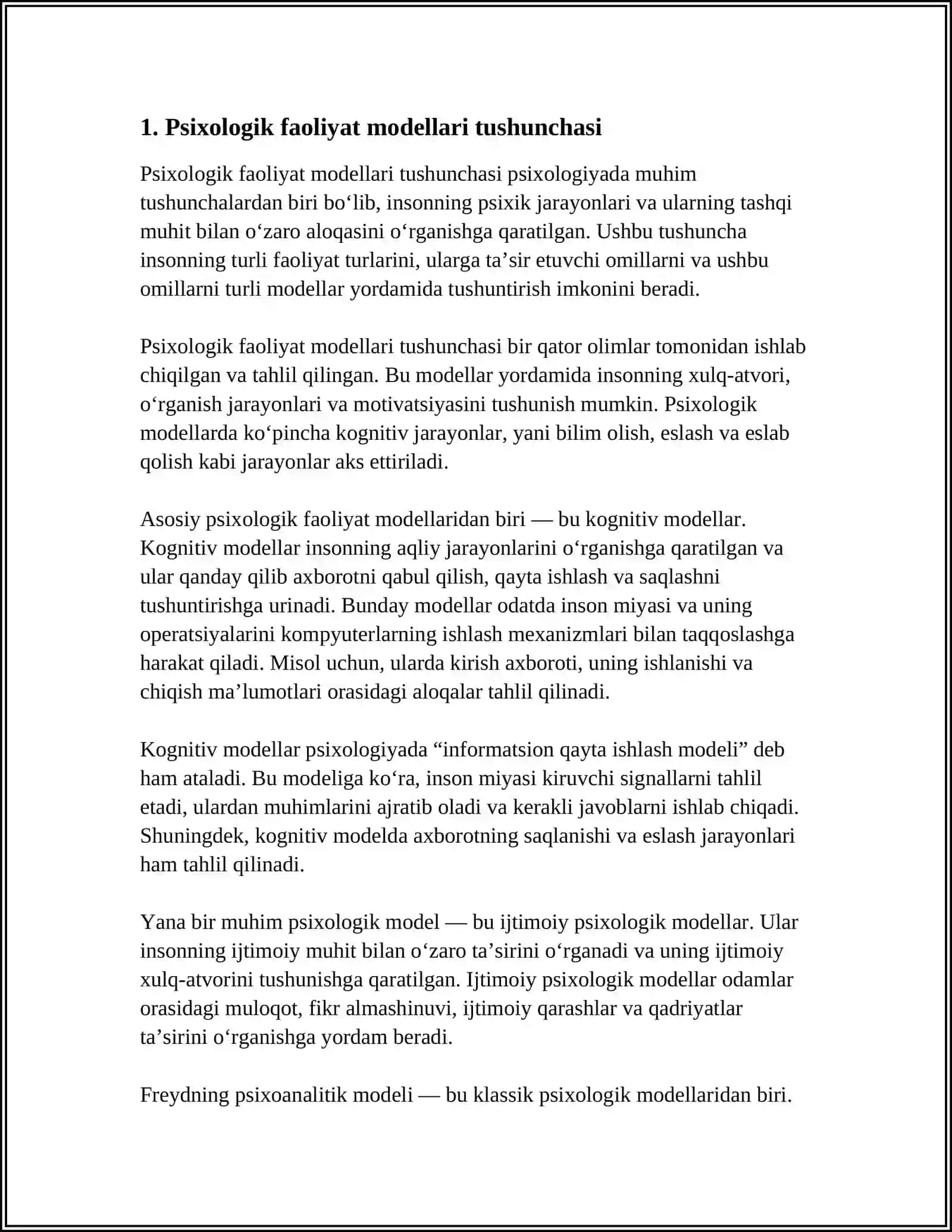 Psixologik faoliyat modellari tushunchasi 4