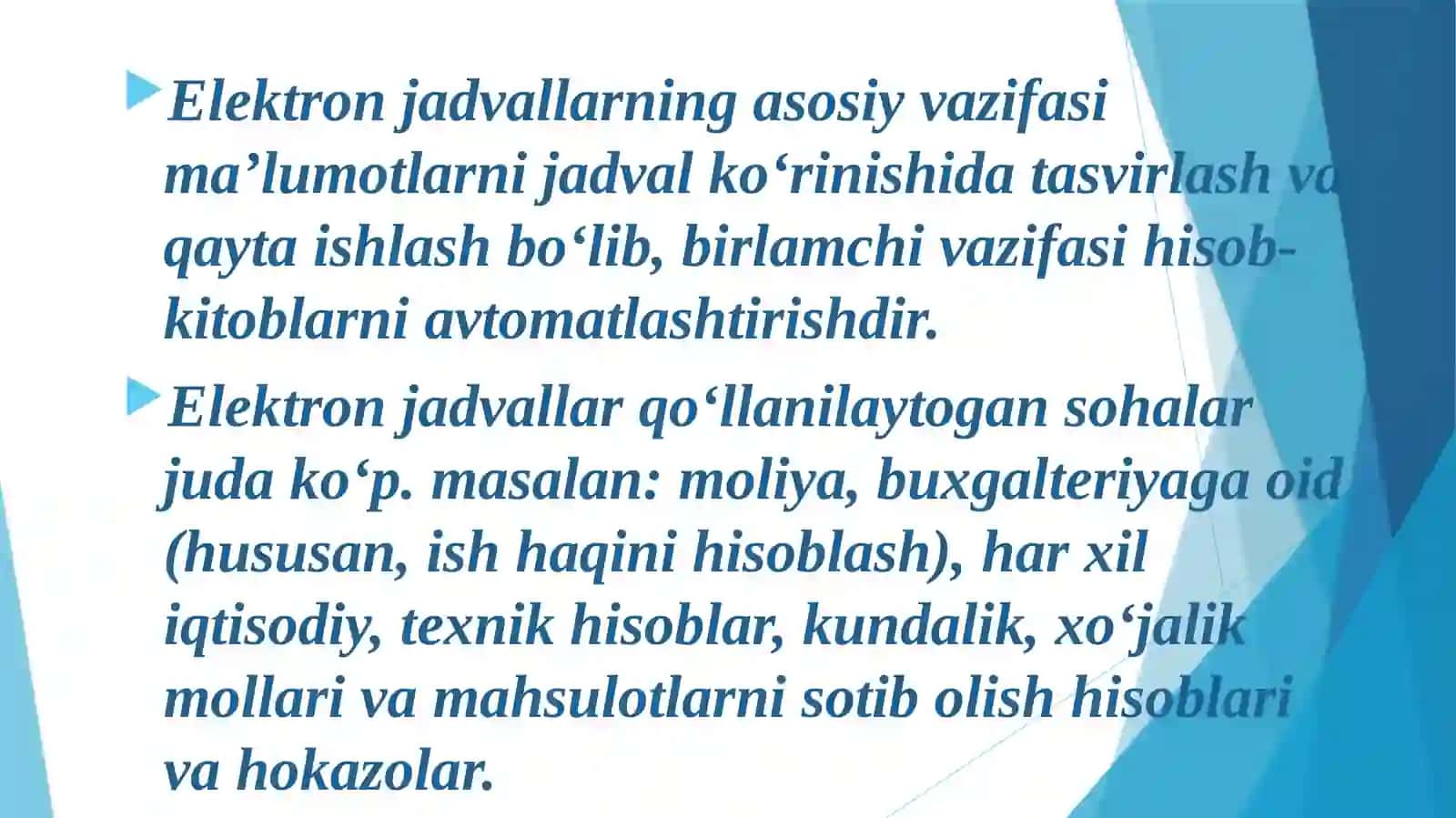 Elektron jadvalning vazifalari va imkoniyatlari ochiq dars 4
