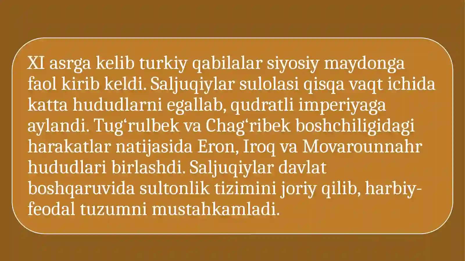 IX-Xlll asr boshlarida o’zbek davlatchiligi.Saljuqiylar va Xorazmshoxlar davlati. Mo’g’ullar istibdodi davrida davlatchiligimiz tarixi 4