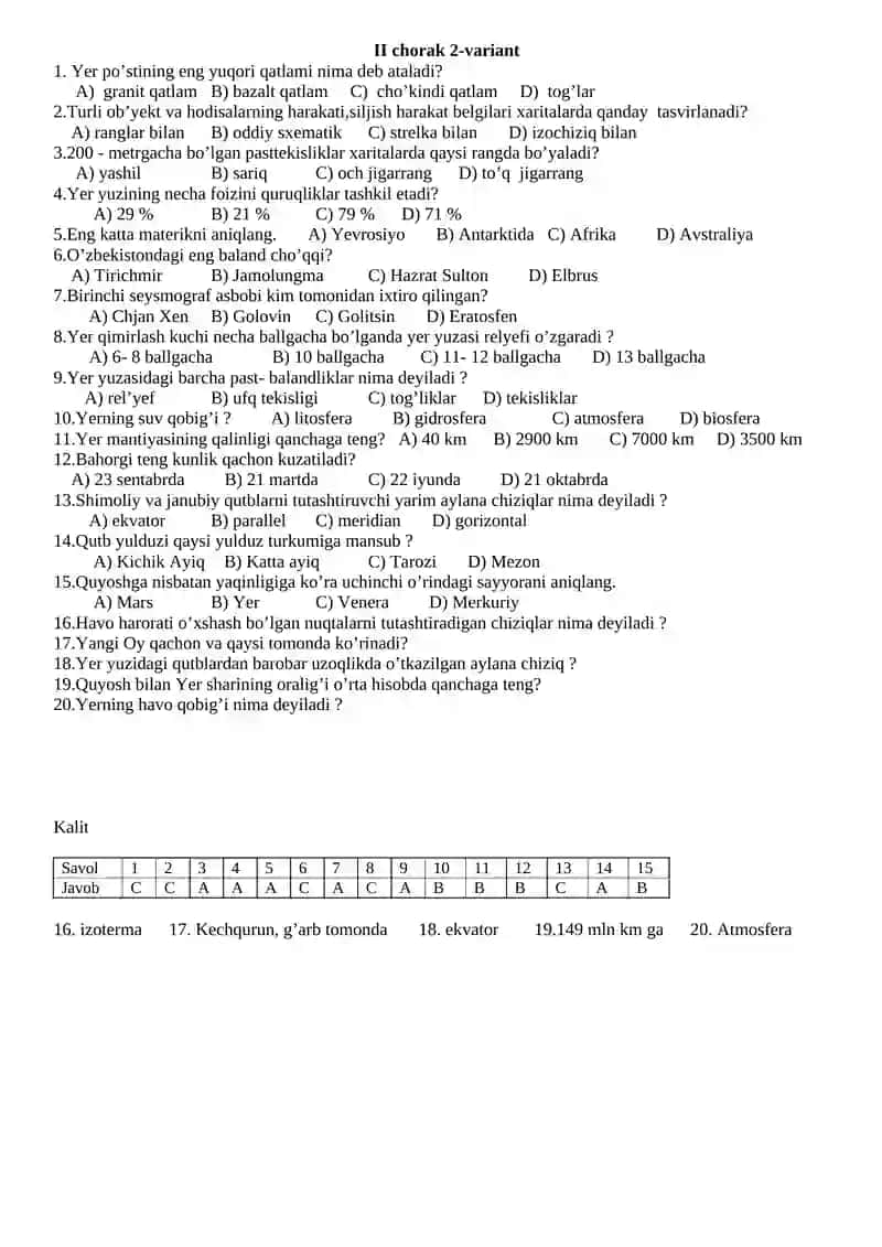 5 sinf. Geografiya 1-variant I chorak 4