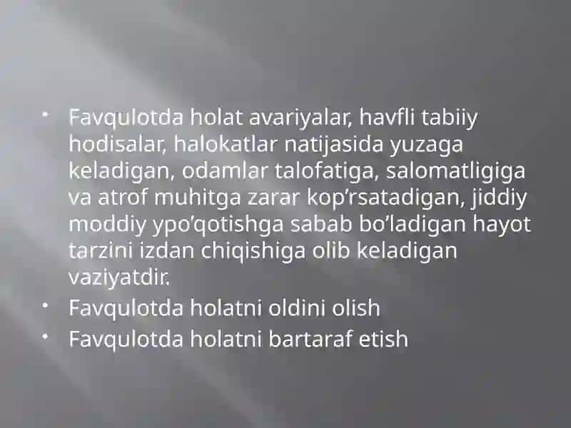 Halokatlar tibbiyoti va favkulodda vaziyatlar ta’rifi. Halokatlar tasnifi. Halokatlarning tibbiy tavsifi. Dastlabki birlamchi tekshirish o‘tkazish. Ikkimlamchi tekshiruv va qayta baxolash. Tez tibbiy yordam ko‘rsatish 4
