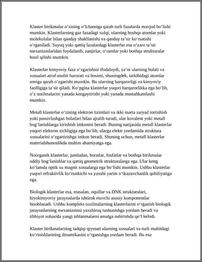 Klaster birikmalar. Ularning tuzilishi va xossalari 4