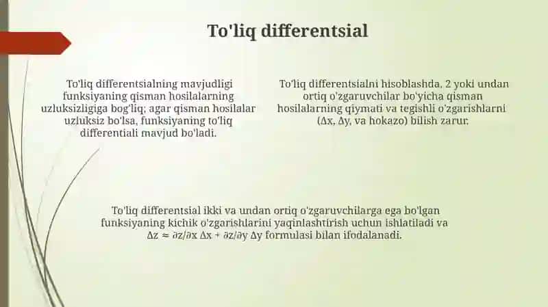 Koʻp oʻzgaruvchi funksiyalarning hosilalari va diferensiallari 4