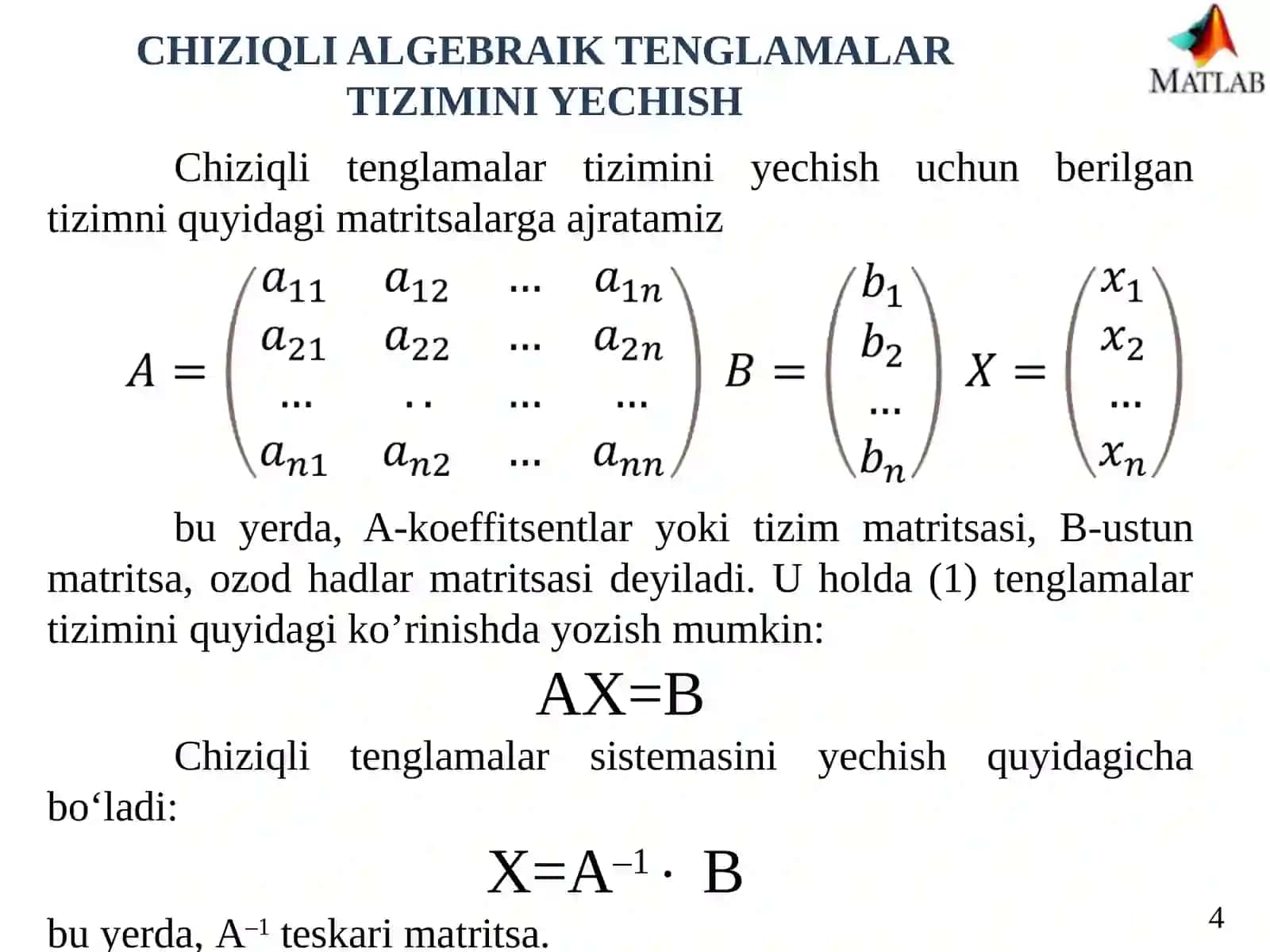 Matlab tizimida chiziqli algebrali tenglamalar sistemasini (CHATS) tadbiq etish va yechish 4
