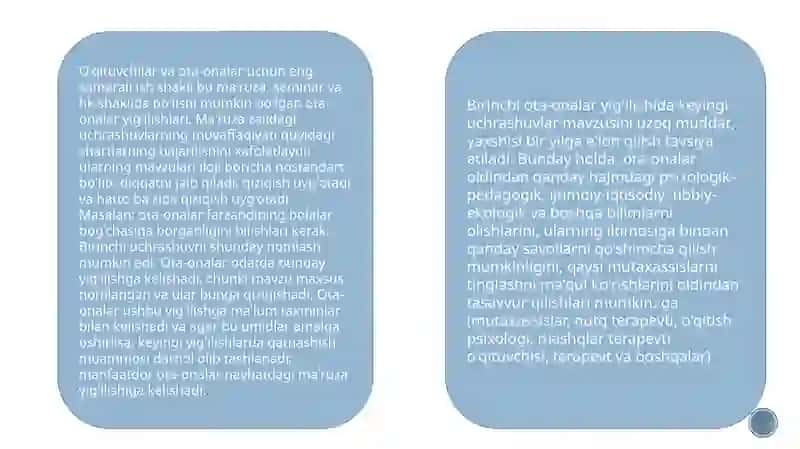 Ota-onalar yig’ilishini tashkil etish.Ota-onalarga pedagogik bilim berish.Ota-onalar uchun ma’ruzala 4