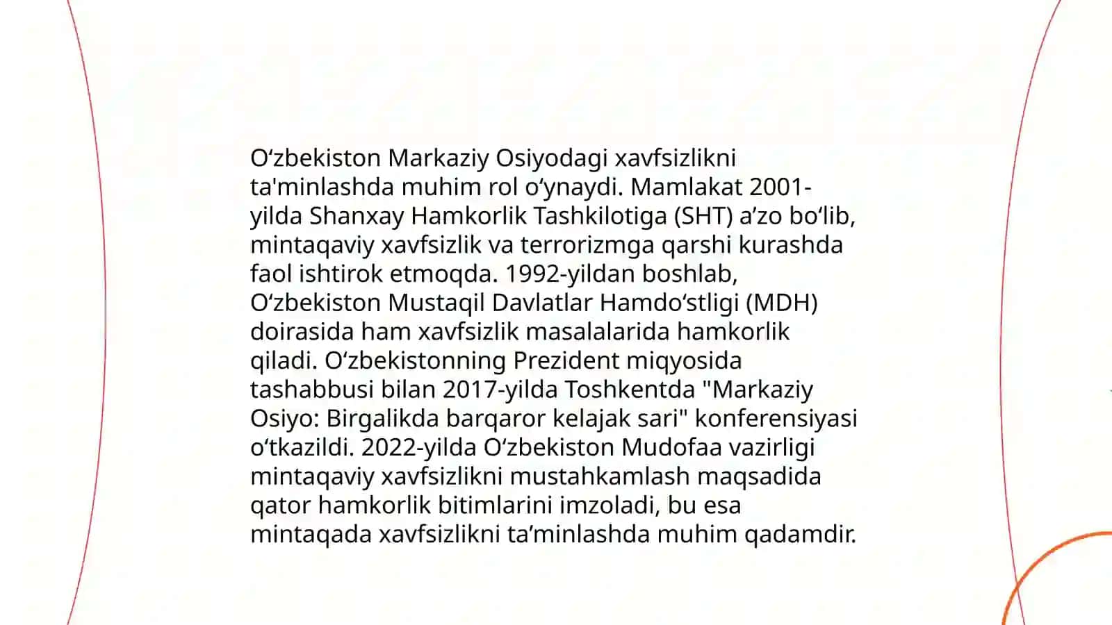 O‘zbekistonning Markaziy Osiyoda tinchlik va barqarorlikni ta’minlashdagi o‘rni 4