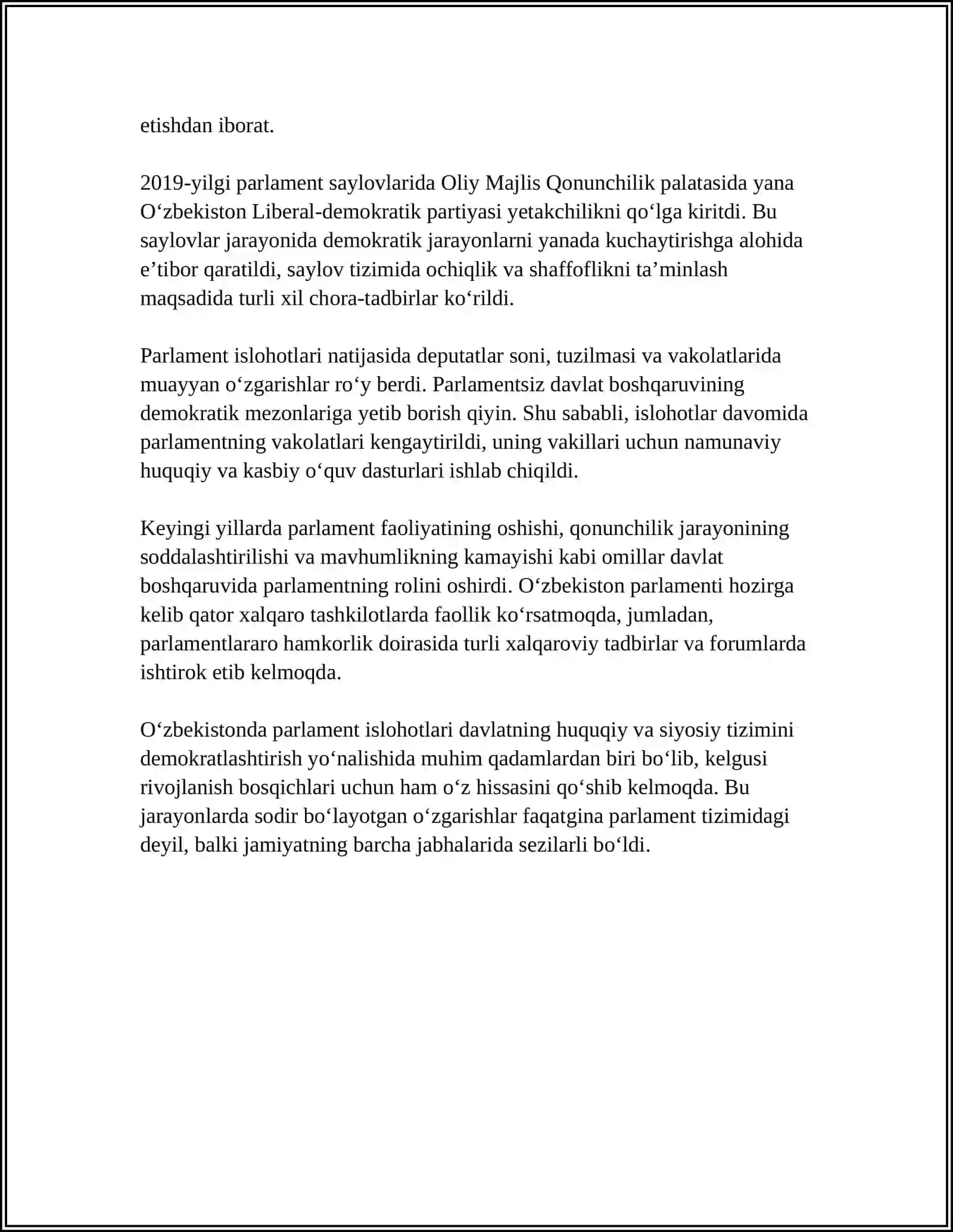 OʻZBEKISTONDA PARLAMENT SOHASIDA AMALGA OSHIRILGAN ISLOHOTLAR 4