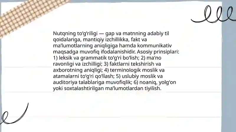 Madaniyat nutqning asosiy kommunikativ sifatlari: nutqning toʻgʻriligi va aniqligi 4