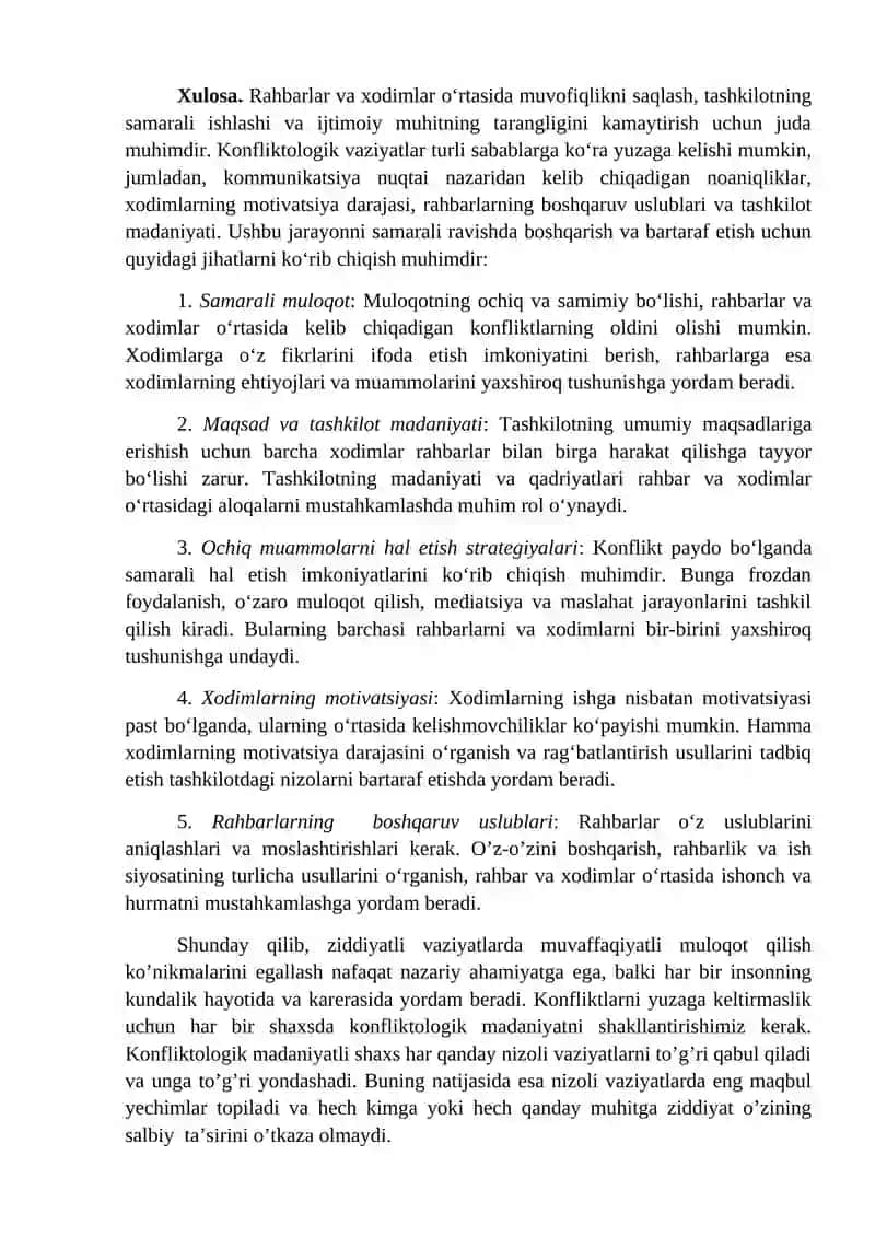 KORXONA VA MUASSASALAR FAOLIYATIDA NIZOLI VAZIYATLAR, ULARNI KAMAYTIRISH VA BOSHQARISH YO’LLARI 4