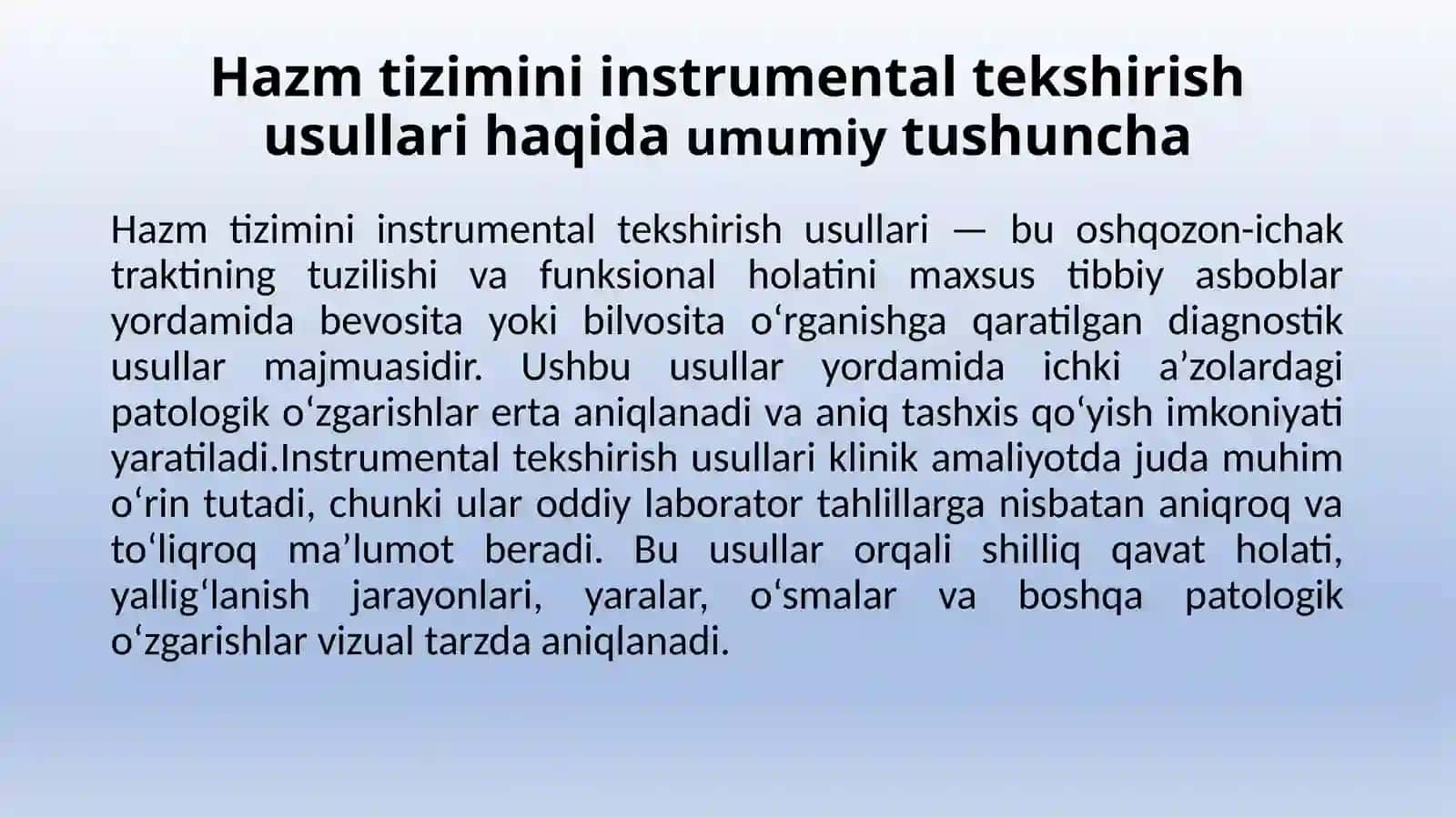 XAZM TIZIMINI INSTRUMENTAL TEKSHIRISH USULLARI: RENTGENOLOGIK, EZOFAGOGASTRODUODENOSKOPIK, KOLONOSKOPIK, REKTOROMANOSKAPIK USULLARNI INTERPRETATSIYASI 4