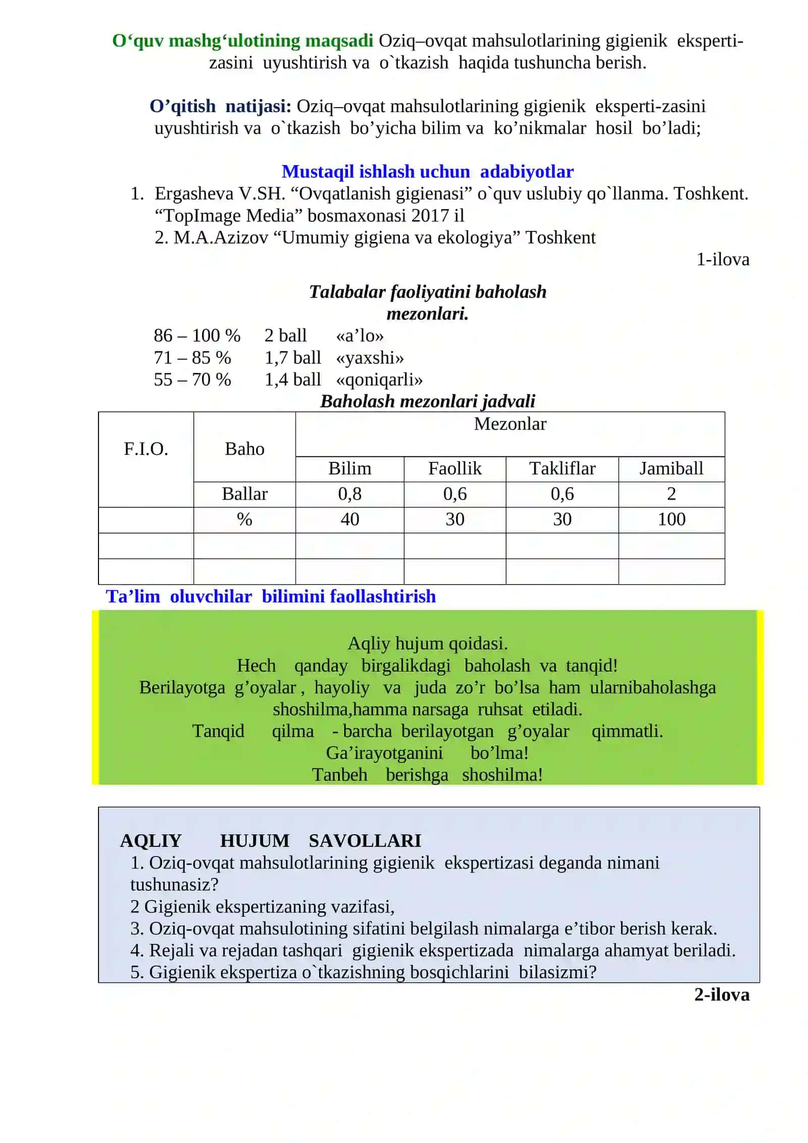 Mavzu № 6 Oziq–ovqat mahsulotlarining gigienik eksperti-zasini uyushtirish va o`tkazish 4