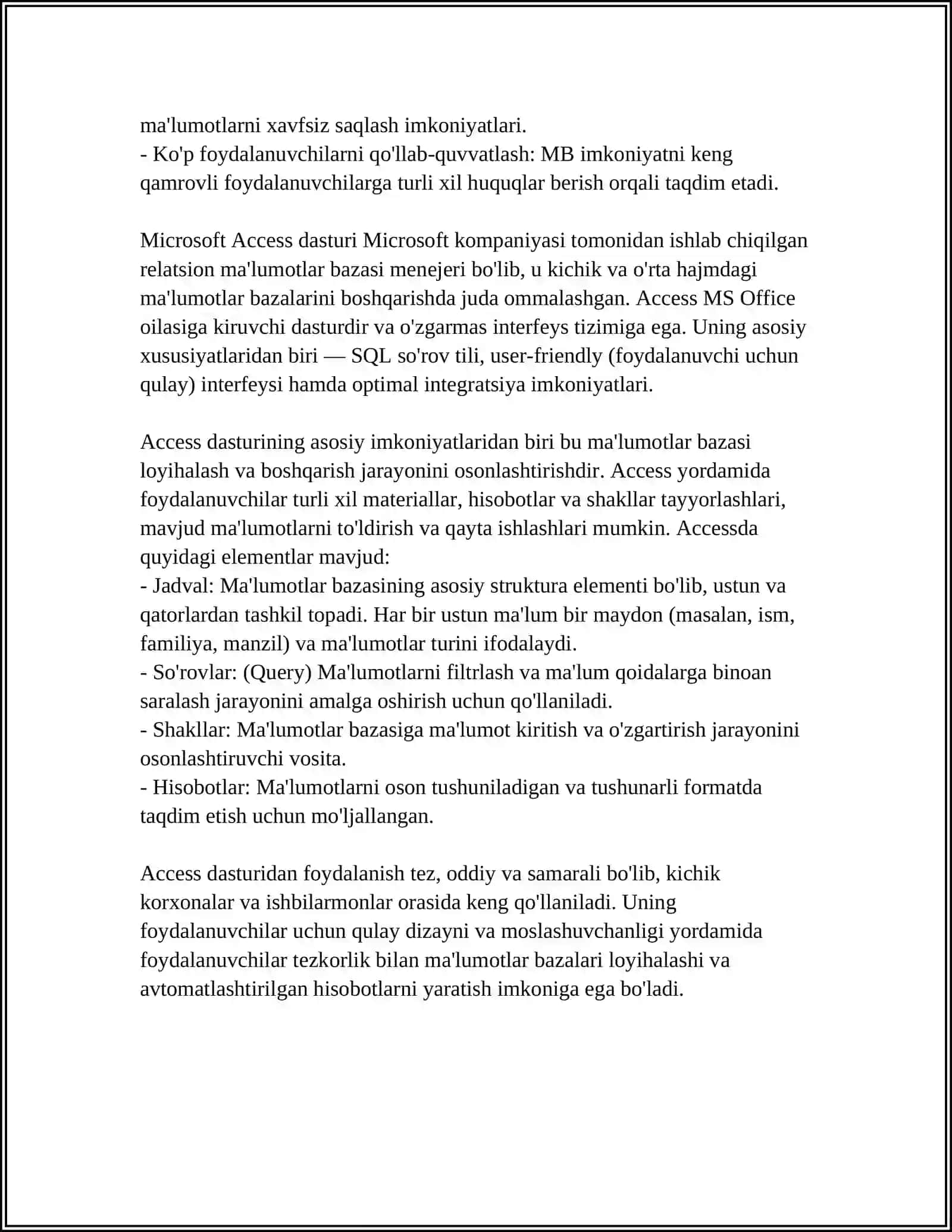 MBBT ACCESS DASTURIDA SO'ROV VA HISOBOTLAR TAYYORLASH 4