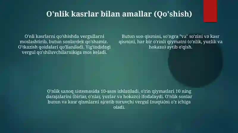 Oʻnli pozitsion sanoq sistemasida sonlarni yozilishi va oʻqilishi 4