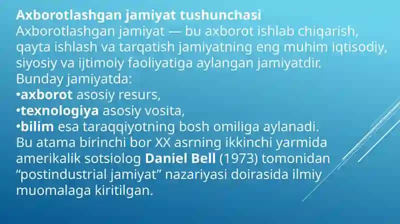 Axborotlashgan jamiyat va uning istiqbollari  Axborotlashgan jamiyatning shakllanish omillari Axborotlashgan jamiyatning asosiy xususiyatlari Axborotlashgan jamiyatning ijtimoiy va iqtisodiy ta’siri 4