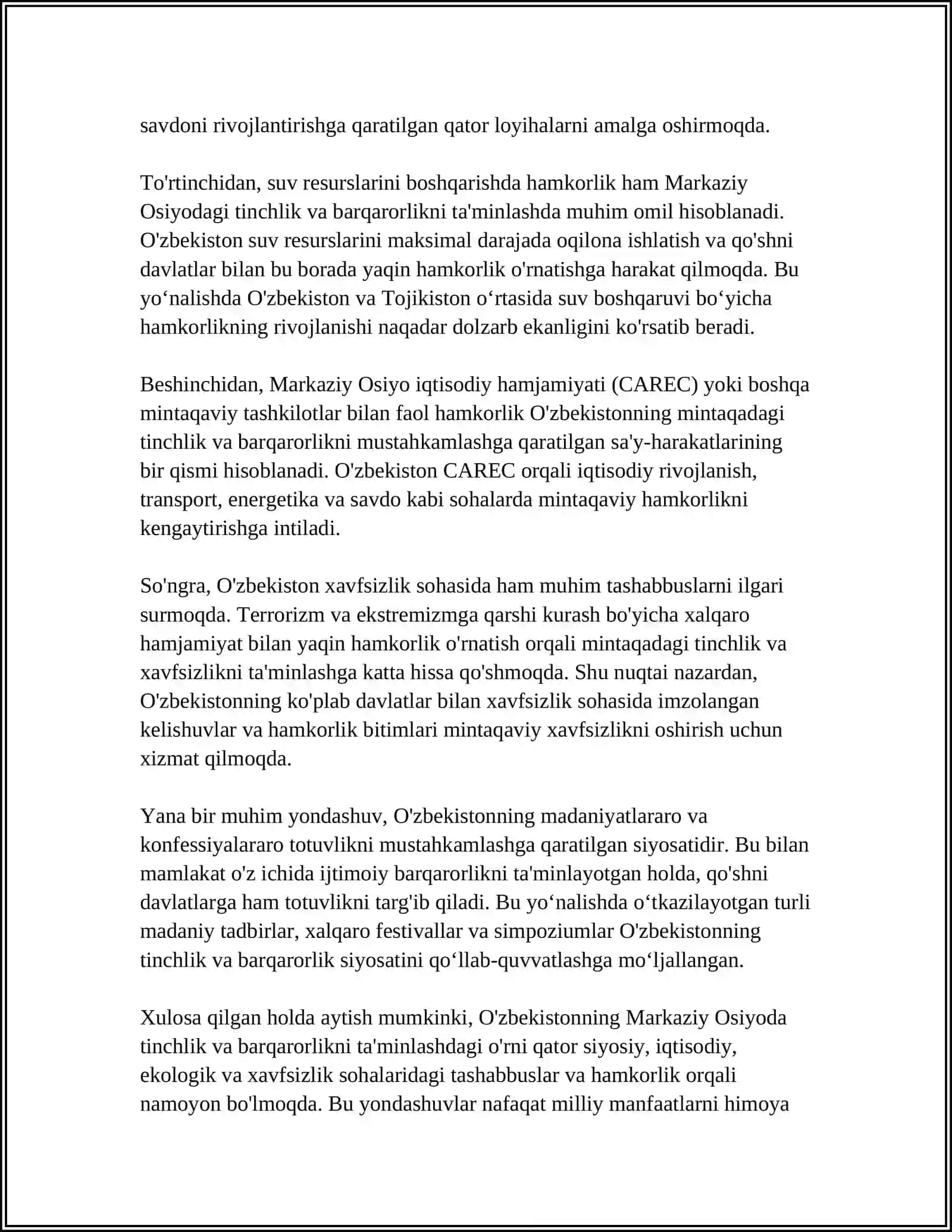 O'ZBEKISTONNING MARKAZIY OSIYODA TINCHLIK VA TOTUVLIKNI TAMINLASHDAGI O'RNI 4