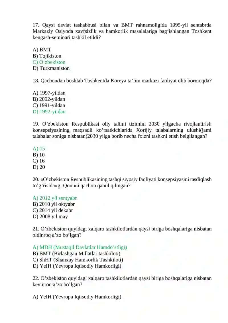 O‘zbekiston va jahon hamjamiyati Test savollari 4