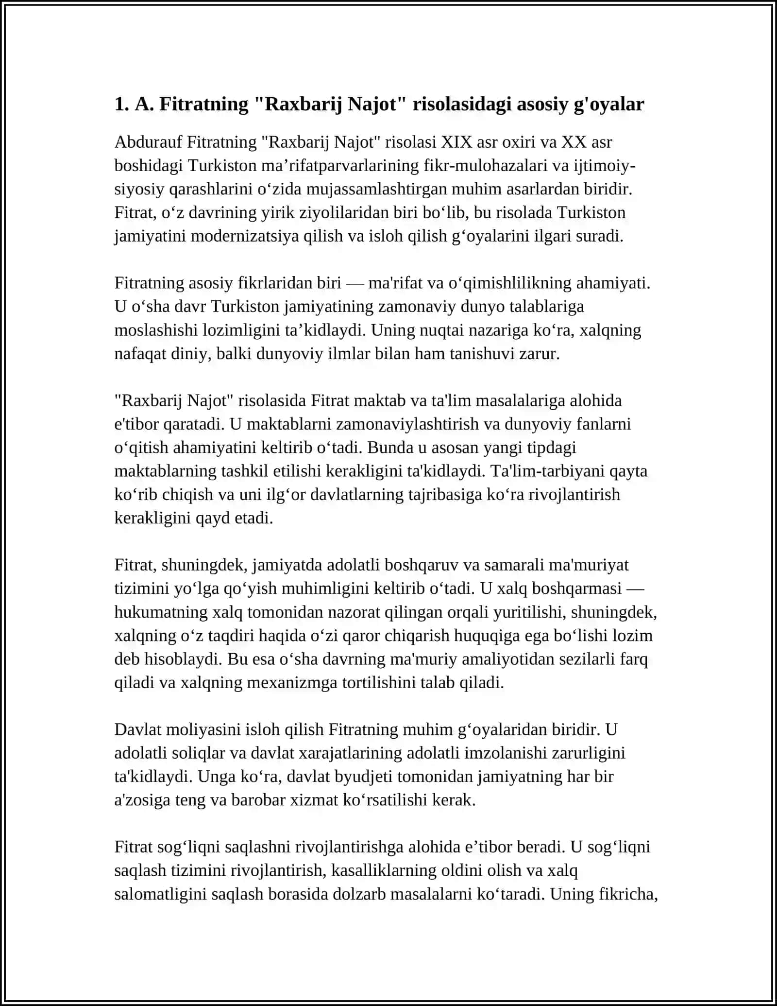 A. FITRATNING 'RAXBARIY NAJOT' RISOLASIDA GINI 'BAXTSIZ ODAMLARNING IKKI TOIFASI' GA OID QARASHLARI BUYICHA ESSE TAYYORLASH VIDEOROLIK TANLOVINI O'TKAZISH 4