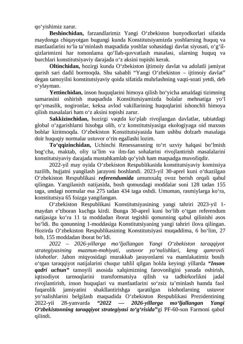 Yangi O‘zbekistonda Prezident Sh.M.Mirziyoyev rahbarligi va tashabbusi ostida amalga oshirilayotgan islohotlar. 4