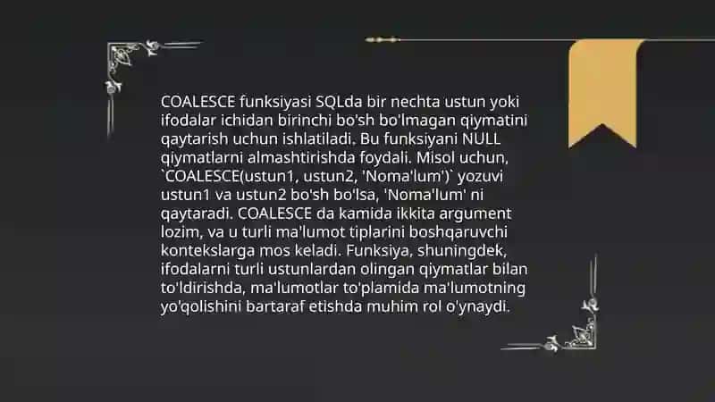 SQLdan Conditionals: CASE, COALSCE, NULLIF() funksiyasi, CAST 4