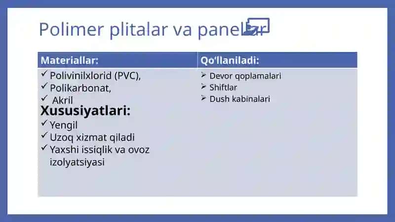 Polimerqurilish materiallari, buyumlar va ularning xomashyosi 4