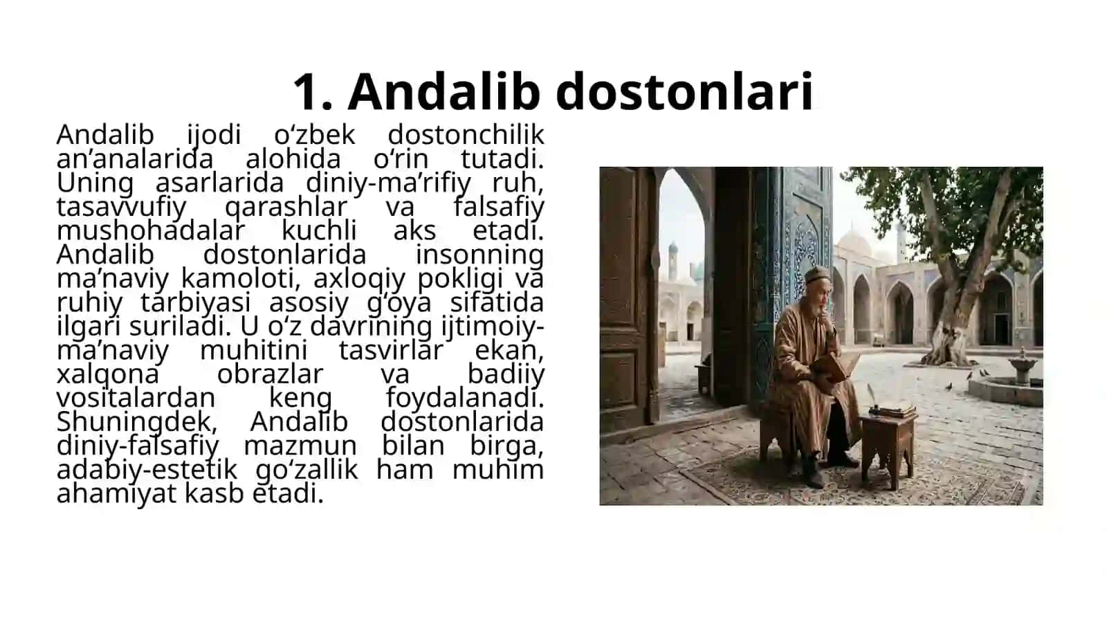 Andalib va Nishotiy dostonlari misolida davr dostonchiligi borasida mulohaza yuritish. O'xshash va farqli tomonlarini topish. 4