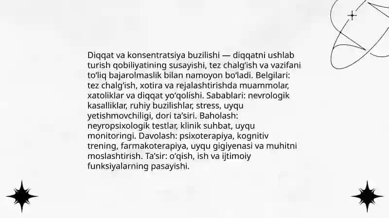 Bilish jarayonlari buzulishlari ichki regulyatsiya buzilishlari, Uyqu buzulishlari Ergashova Kumush 4