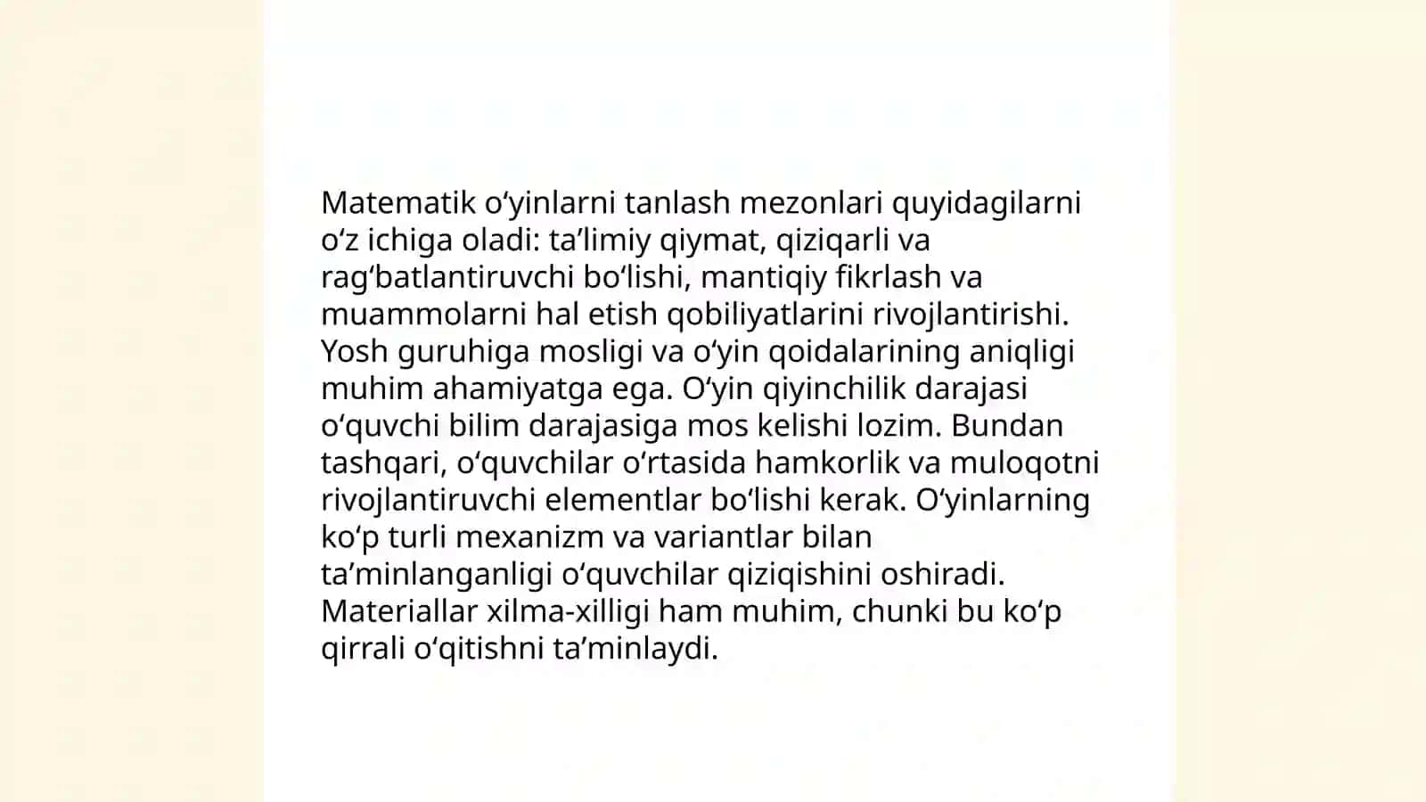 Matematik oʻyinlarni turlari va ularni tanlash mezonlari 4