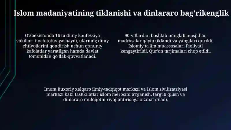 Mustaqillik davrida Özbekistondagi manaviy va madaniy rivojlanish 4