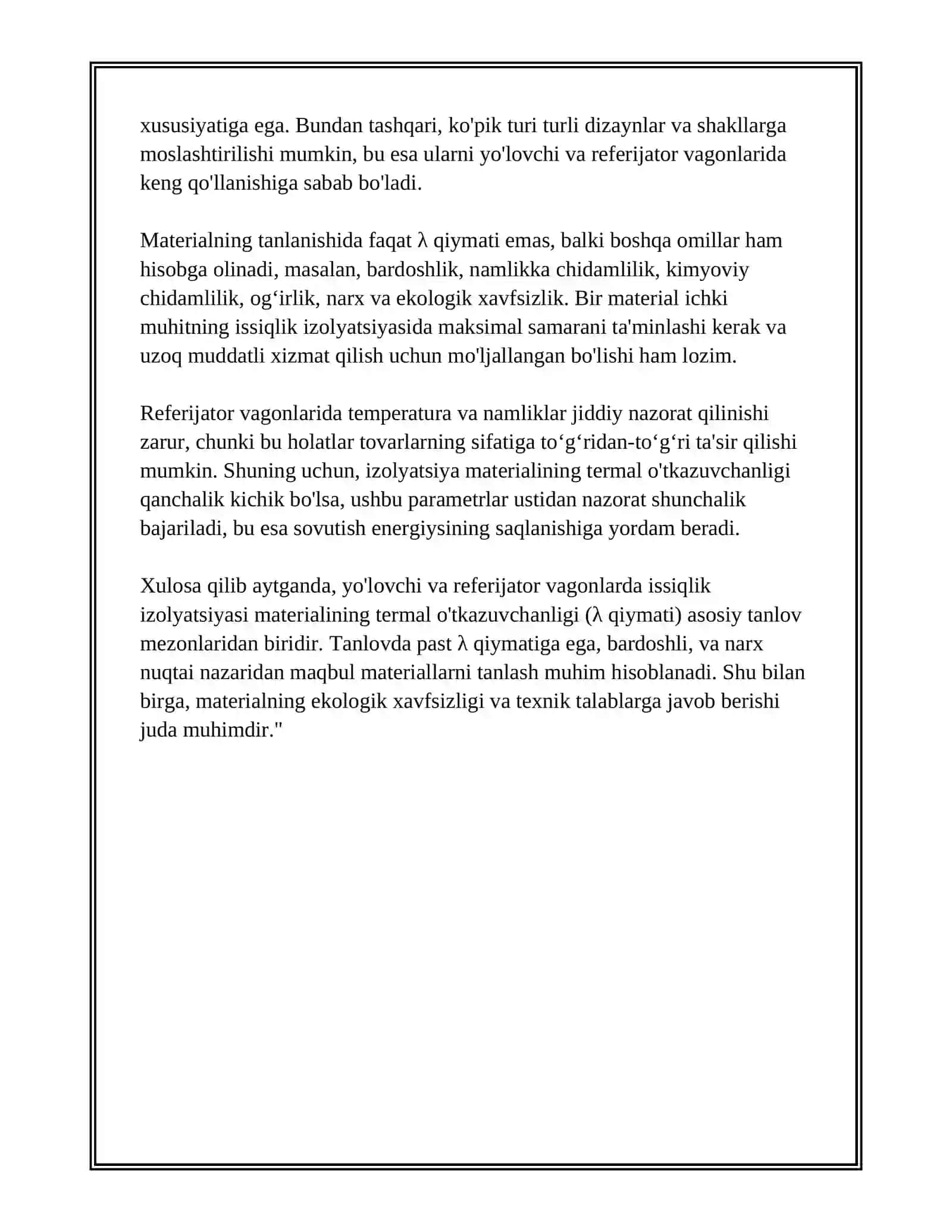 YO'LOVCHI VA REFRIJERATOR VAGONLARIDA ISSIQLIK IZOLYATSIYASI MATERIALLARINI TANLASH 4