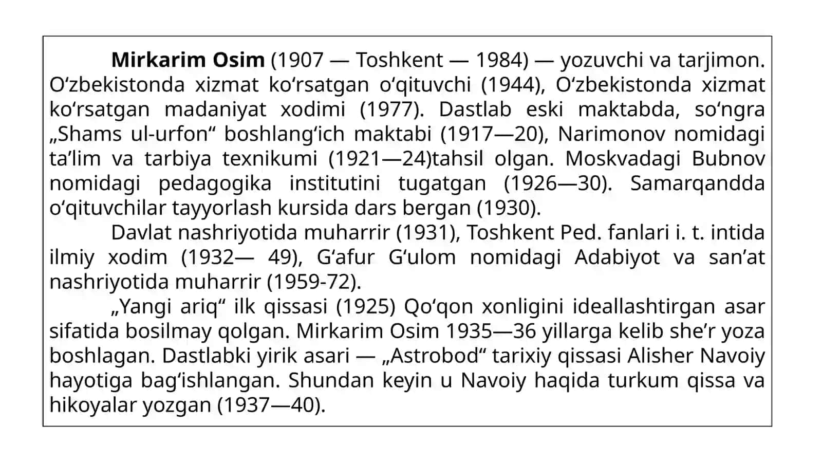 Mirkarim Osim. Hayoti va ijodi. To‘maris 4