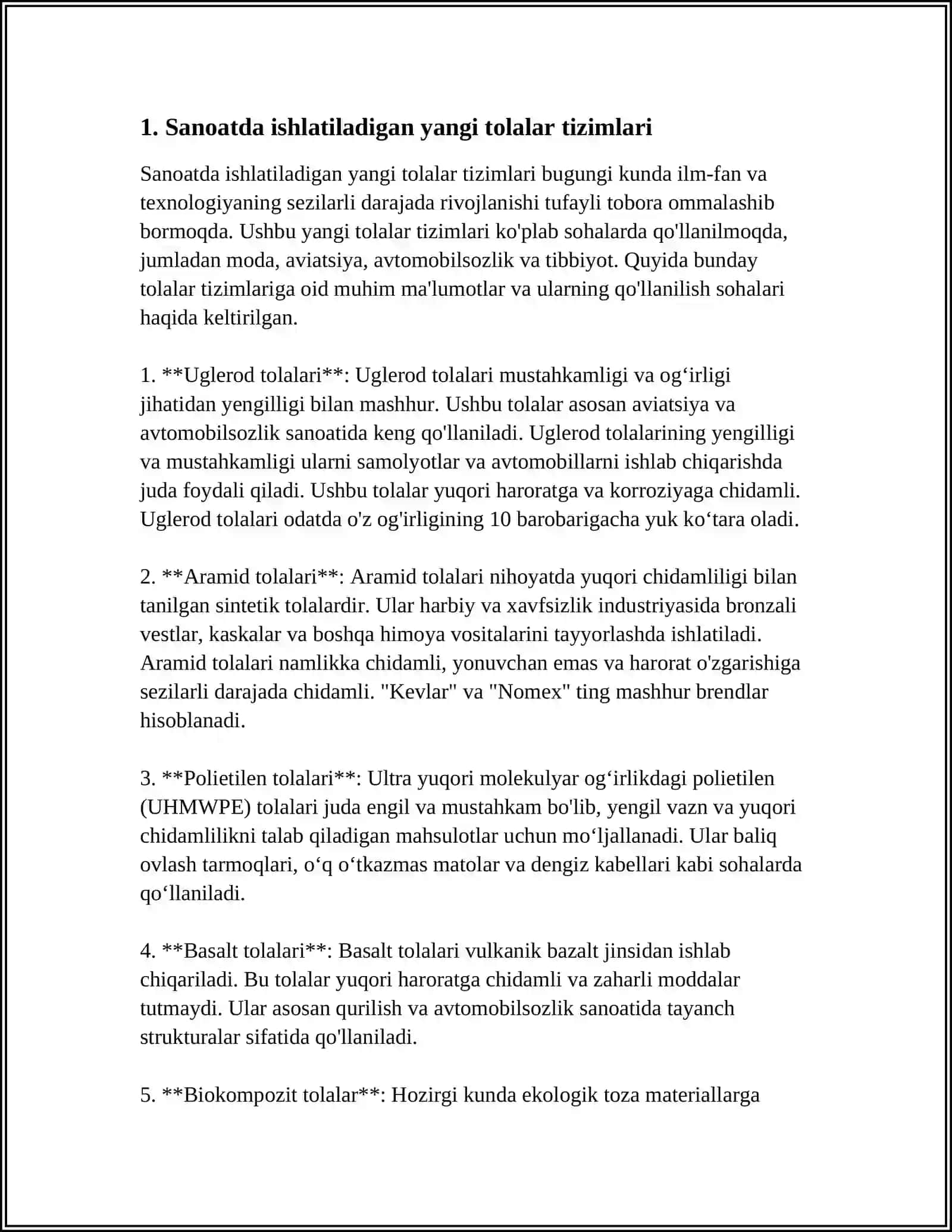 Sanoatda ishlatiladigan yangi tolalar assortimenti 4